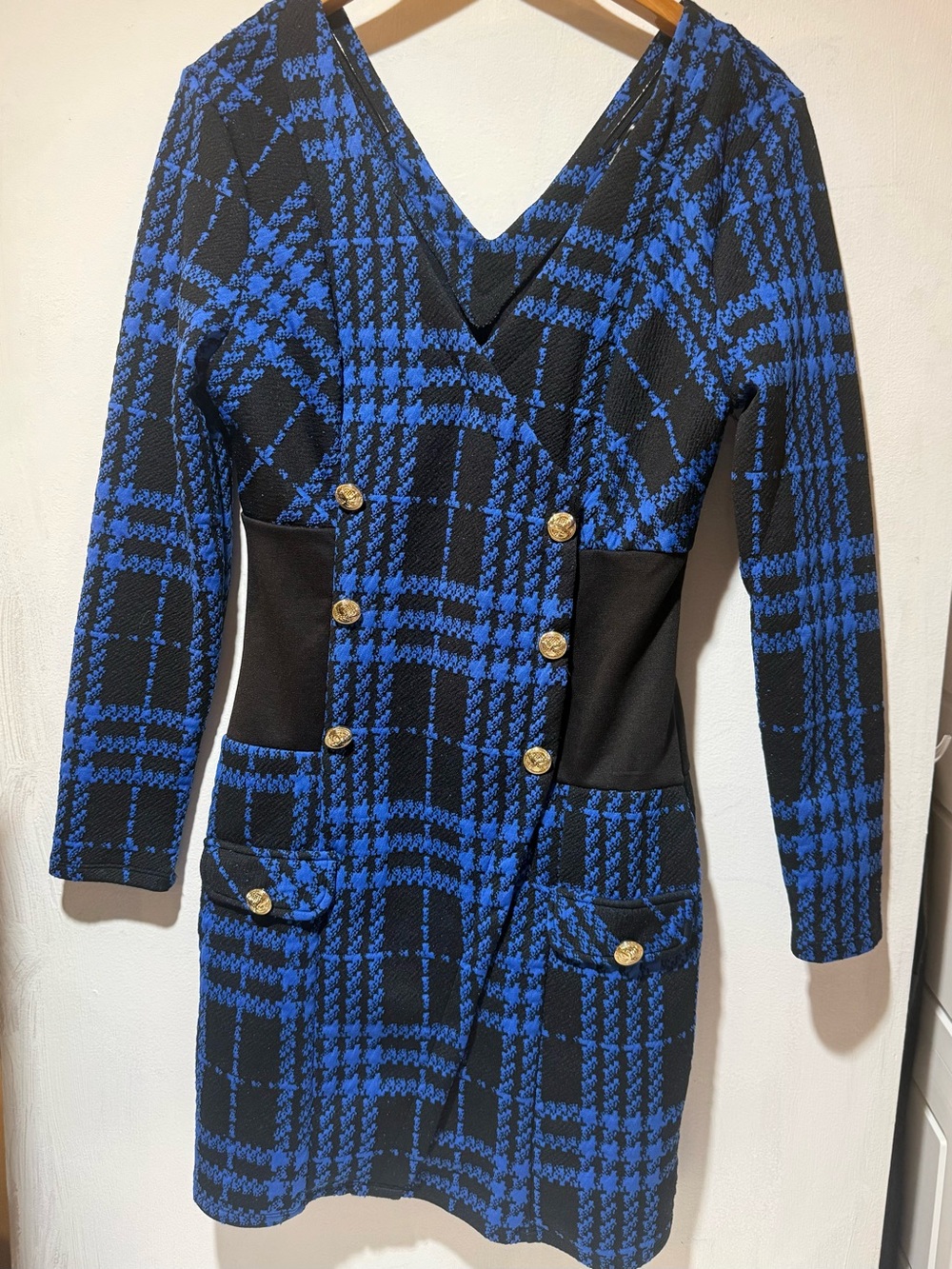 VENUS Blue and Black Plaid Double-Breasted Blazer Dress